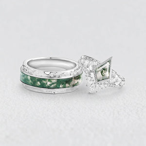 Sylvie’s Cluster | Kite Cut Moss Agate Engagement Couple Ring Set 3pcs.