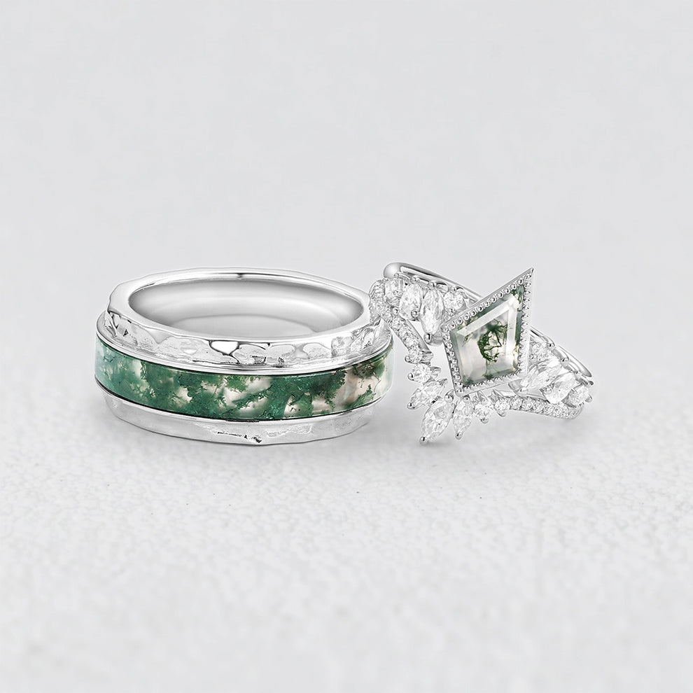 Sylvie’s Cluster | Kite Cut Moss Agate Engagement Couple Ring Set 3pcs.