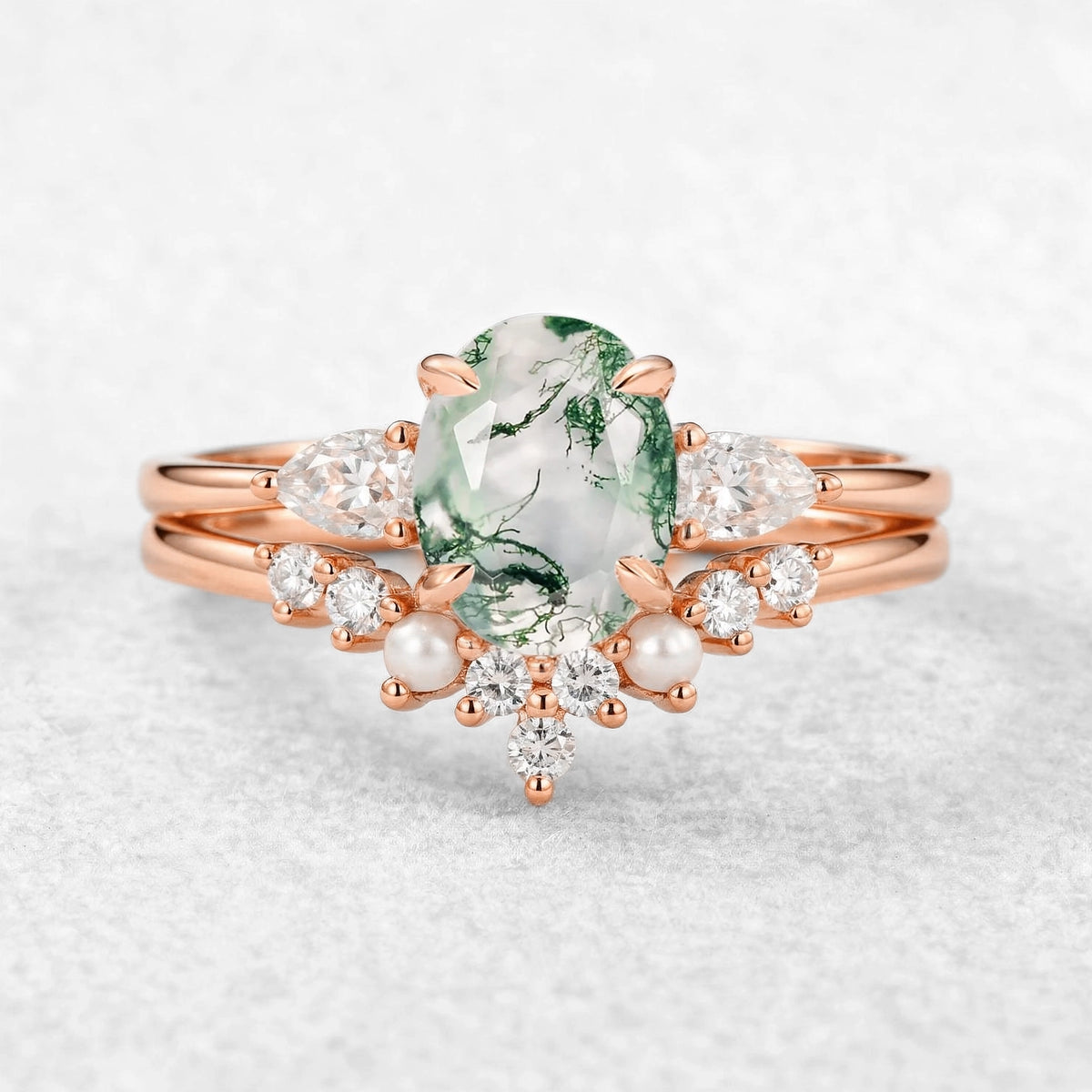 Nancy Oval Cut Moss Agate Vintage Gold Ring Set 2pcs.