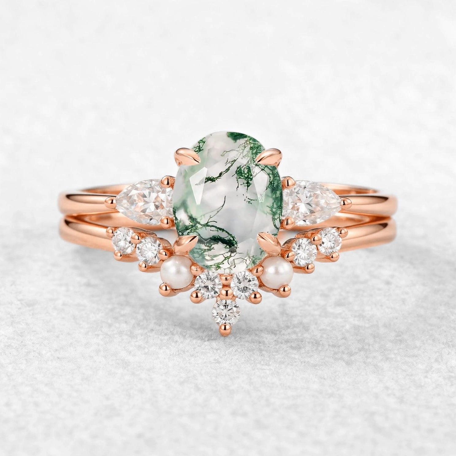 Nancy Oval Cut Moss Agate Vintage Gold Ring Set 2pcs.