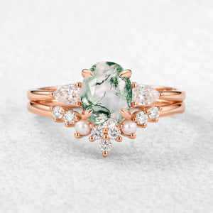 Nancy Oval Cut Moss Agate Vintage Gold Ring Set 2pcs.