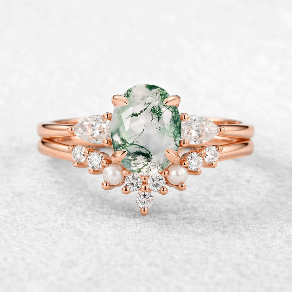 Nancy Oval Cut Moss Agate Vintage Gold Ring Set 2pcs.