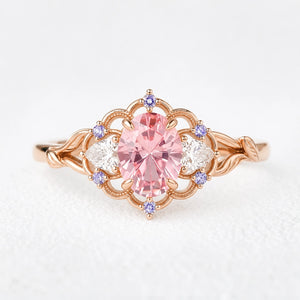 Aurora’s Lotus | Oval Padparadscha Sapphire Vintage Engagement Ring
