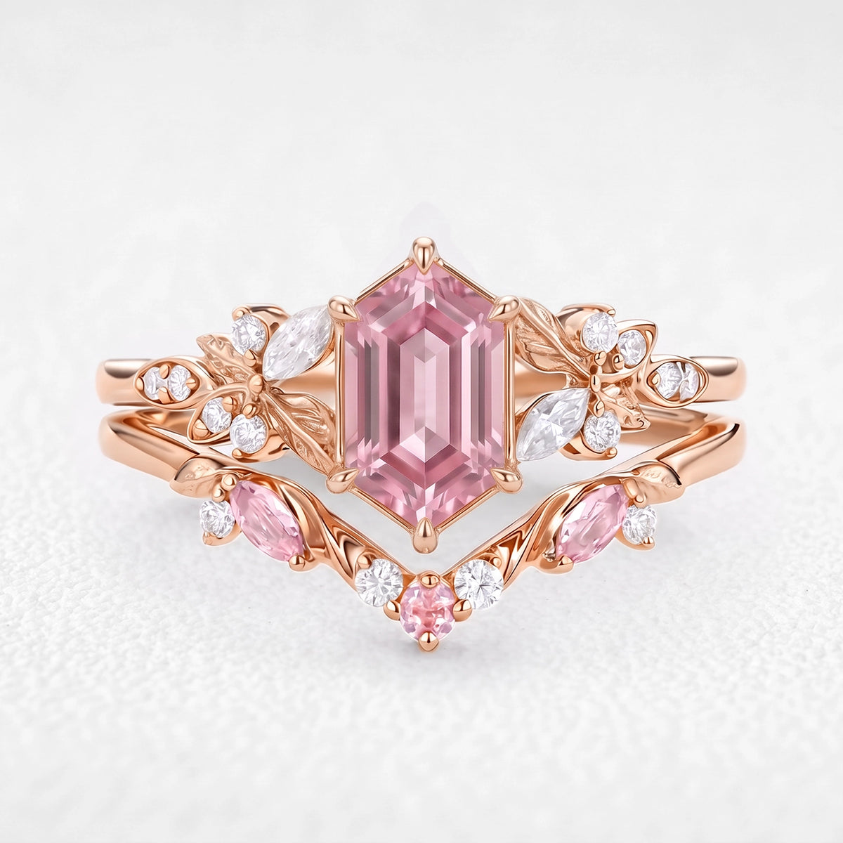 Peony’s Bloom | Honeycomb Hexagon Pink Sapphire Bridal Set 2pcs