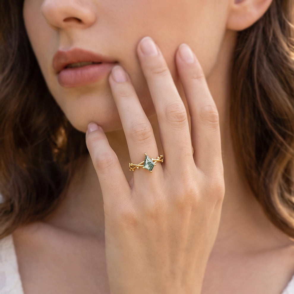 Sylvie’s Essence | Kite Cut Moss Agate Vine Engagement Ring