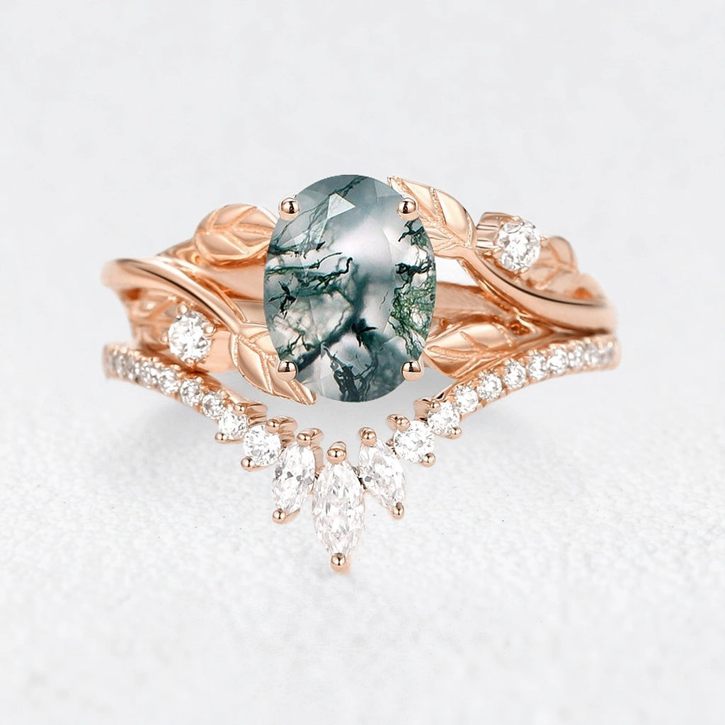 Sylvie’s Canopy | Oval Cut Moss Agate Leafy Bridal Set 2pcs