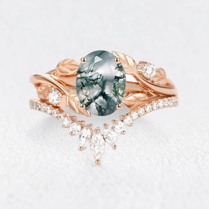 Sylvie’s Canopy | Oval Cut Moss Agate Leafy Bridal Set 2pcs