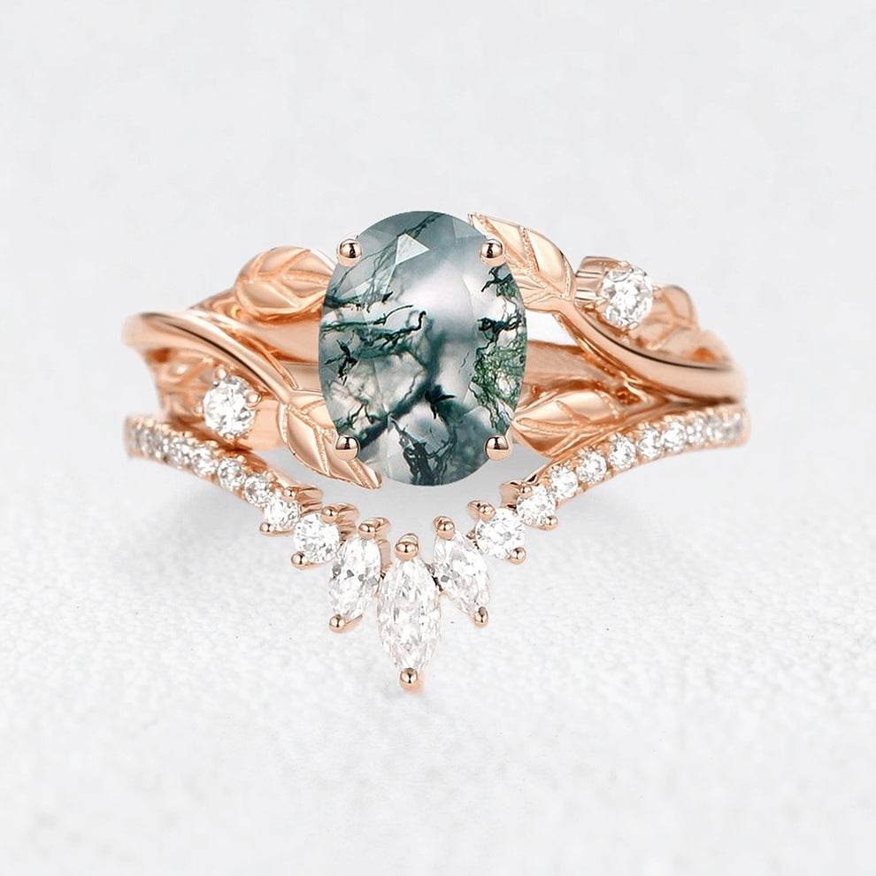 Sylvie’s Canopy | Oval Cut Moss Agate Leafy Bridal Set 2pcs