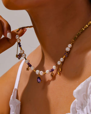 Eclectic Pearl Beaded Gold Chain Gemstone Charm Necklace