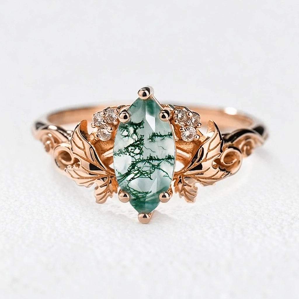 Daphne’s Laurel | Marquise Moss Agate with Diamond Leaves