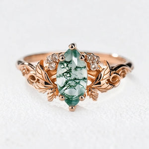 Daphne’s Laurel | Marquise Moss Agate with Diamond Leaves