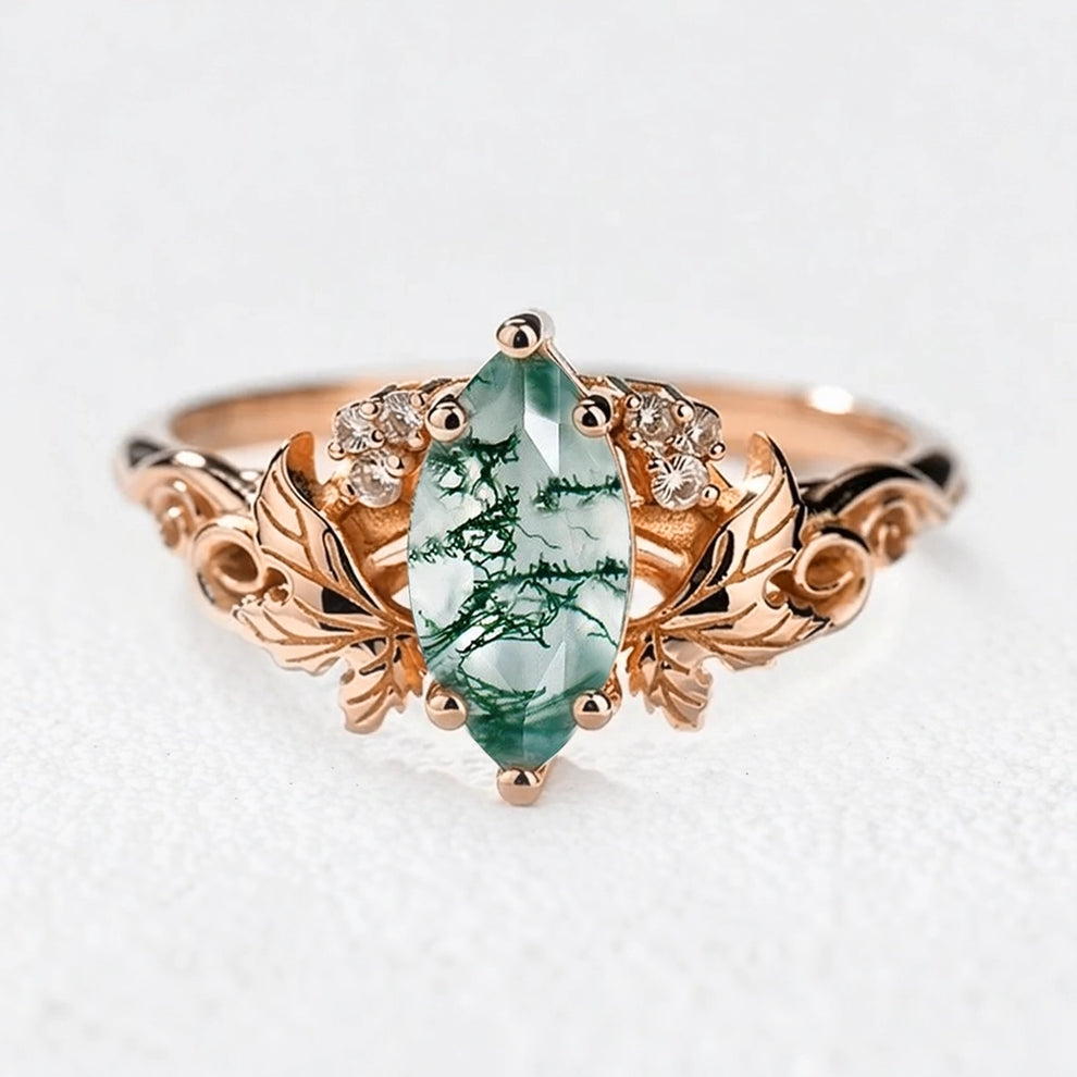 Daphne’s Laurel | Marquise Moss Agate with Diamond Leaves