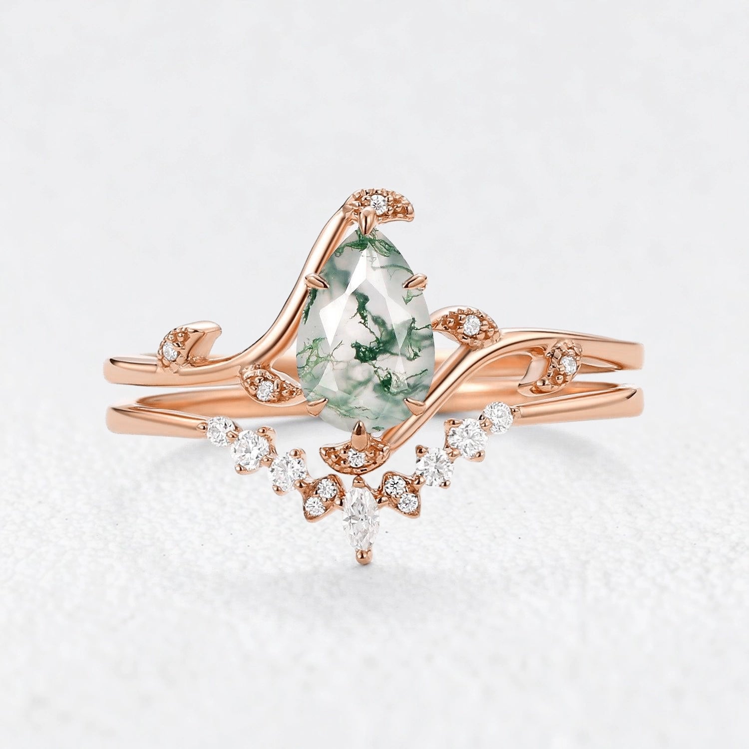 Rosalind’s Vine | Pear Cut Moss Agate Foliage Bridal Duo