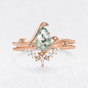 Rosalind’s Vine | Pear Cut Moss Agate Foliage Bridal Duo