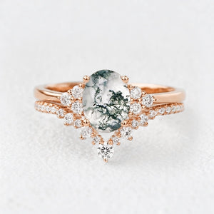Classic 2.0ct Moss Agate Oval Ring Set 2pcs.