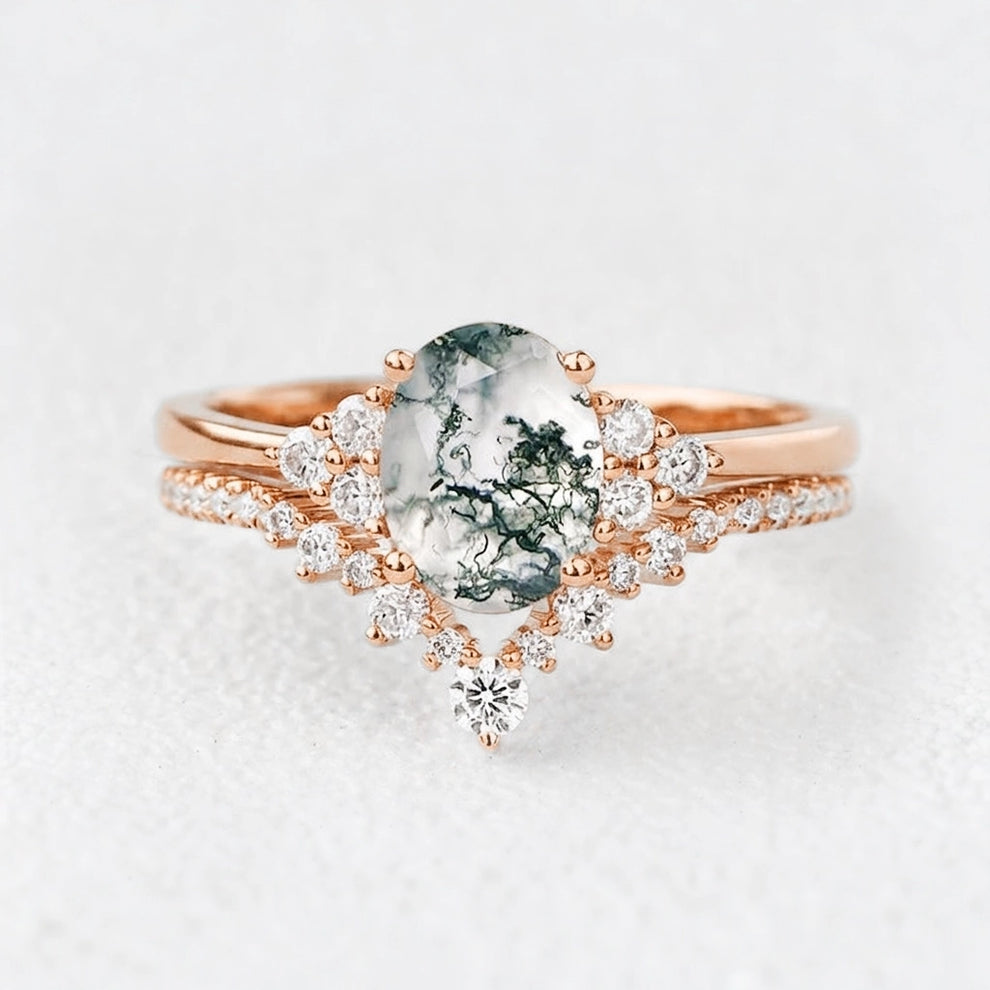 Classic 2.0ct Moss Agate Oval Ring Set 2pcs.