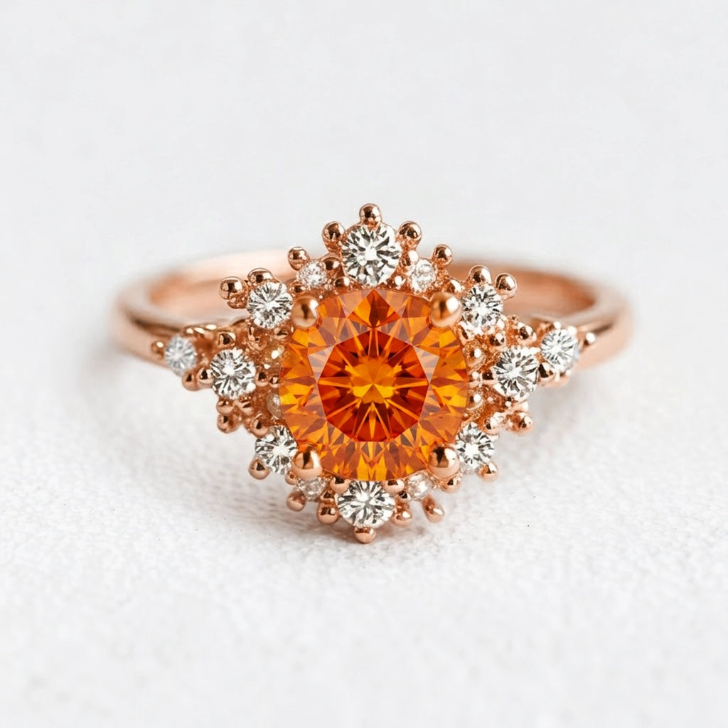 Vivienne’s Amber | Round Cut Orange Sapphire Halo Engagement Ring