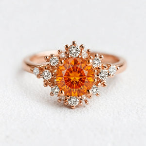 Vivienne’s Amber | Round Cut Orange Sapphire Halo Engagement Ring