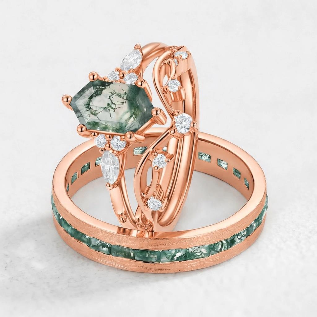 Maia’s Glade | Long Hexagon Moss Agate Leafy Couple Ring Set 3pcs.
