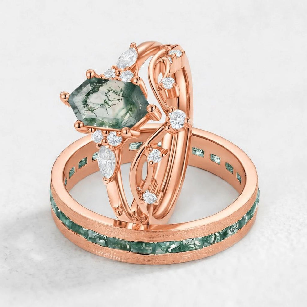 Maia’s Glade | Long Hexagon Moss Agate Leafy Couple Ring Set 3pcs.