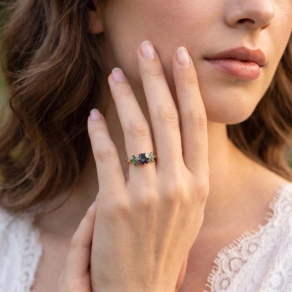 Isadora’s Prism | Hexagon Alexandrite Emerald Accents Engagement Ring