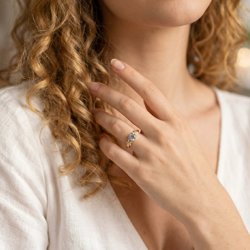 Marina’s Foliage | Round Blue Aquamarine Leafy Engagement Ring.