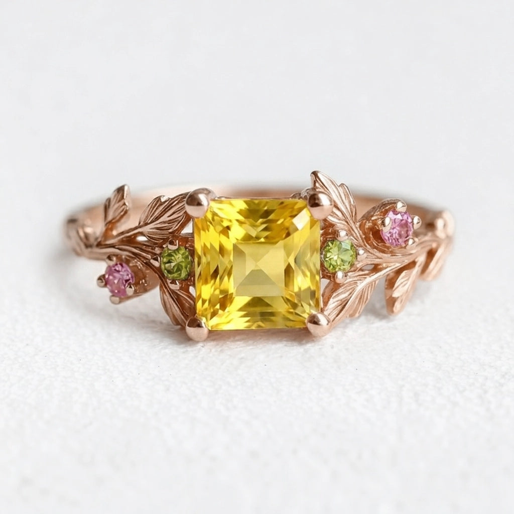 Aurora’s Radiance | Princess Cut Yellow Sapphire Leafy Engagement Ring.