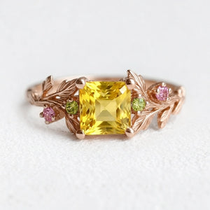 Aurora’s Radiance | Princess Cut Yellow Sapphire Leafy Engagement Ring.