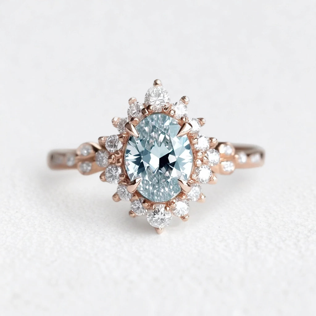 Theia’s Tide | Oval Pink Aquamarine Halo Engagement Ring.