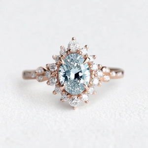 Theia’s Tide | Oval Pink Aquamarine Halo Engagement Ring.