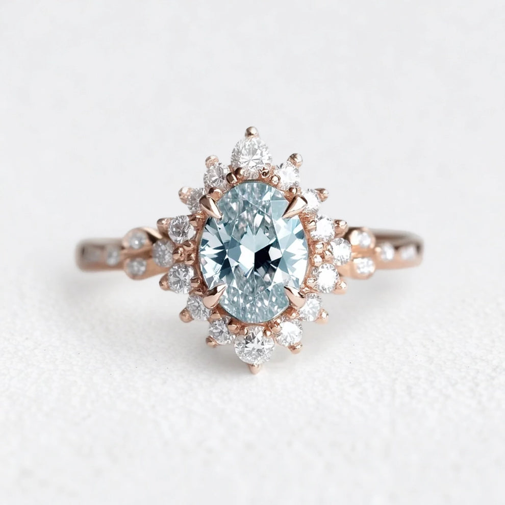 Theia’s Tide | Oval Pink Aquamarine Halo Engagement Ring.