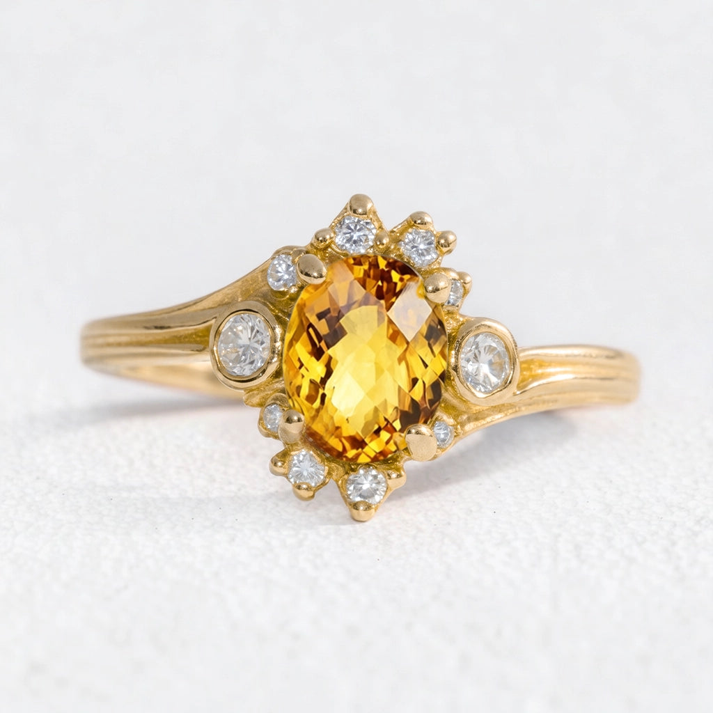 Aurora’s Radiance | Classic  Oval Cut Yellow Sapphire Halo Engagement Ring.