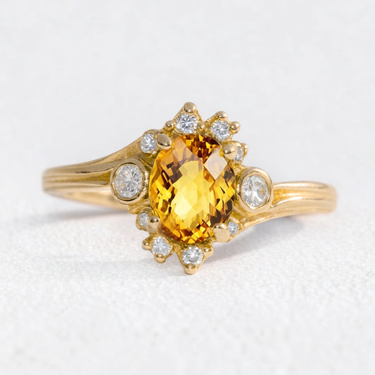 Aurora’s Radiance | Classic  Oval Cut Yellow Sapphire Halo Engagement Ring.