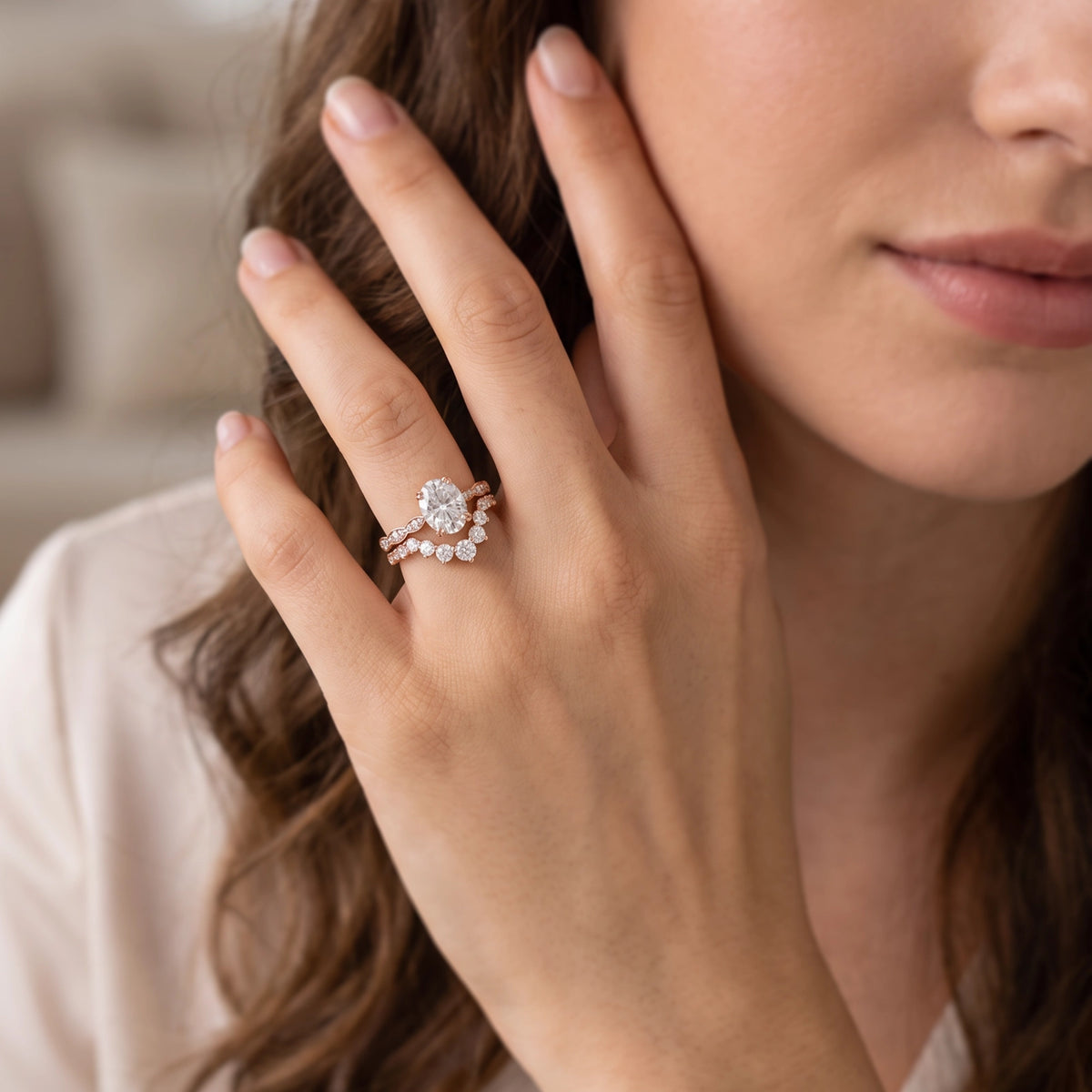 Selene’s Amoret | 2CT Classic Oval-Cut Diamond Chevron Bridal Set 2pcs