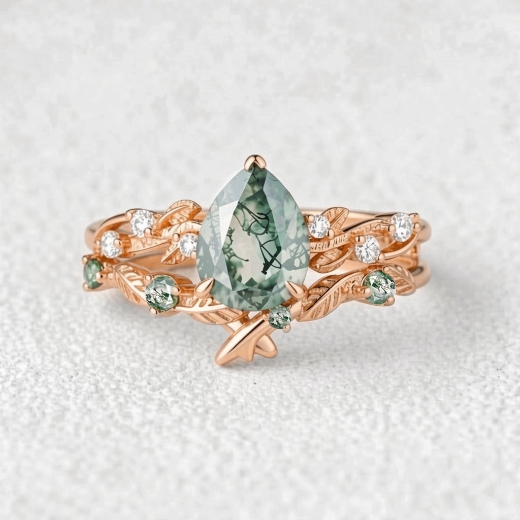 Clarissa’s Frond | Pear Cut Moss Agate Leafy Bridal Set 2pcs.