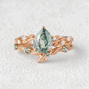 Clarissa’s Frond | Pear Cut Moss Agate Leafy Bridal Set 2pcs.