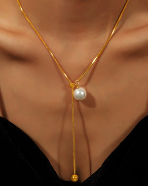 Adjustable Gold Pearl Pendant Necklace with Slider Knot Charm