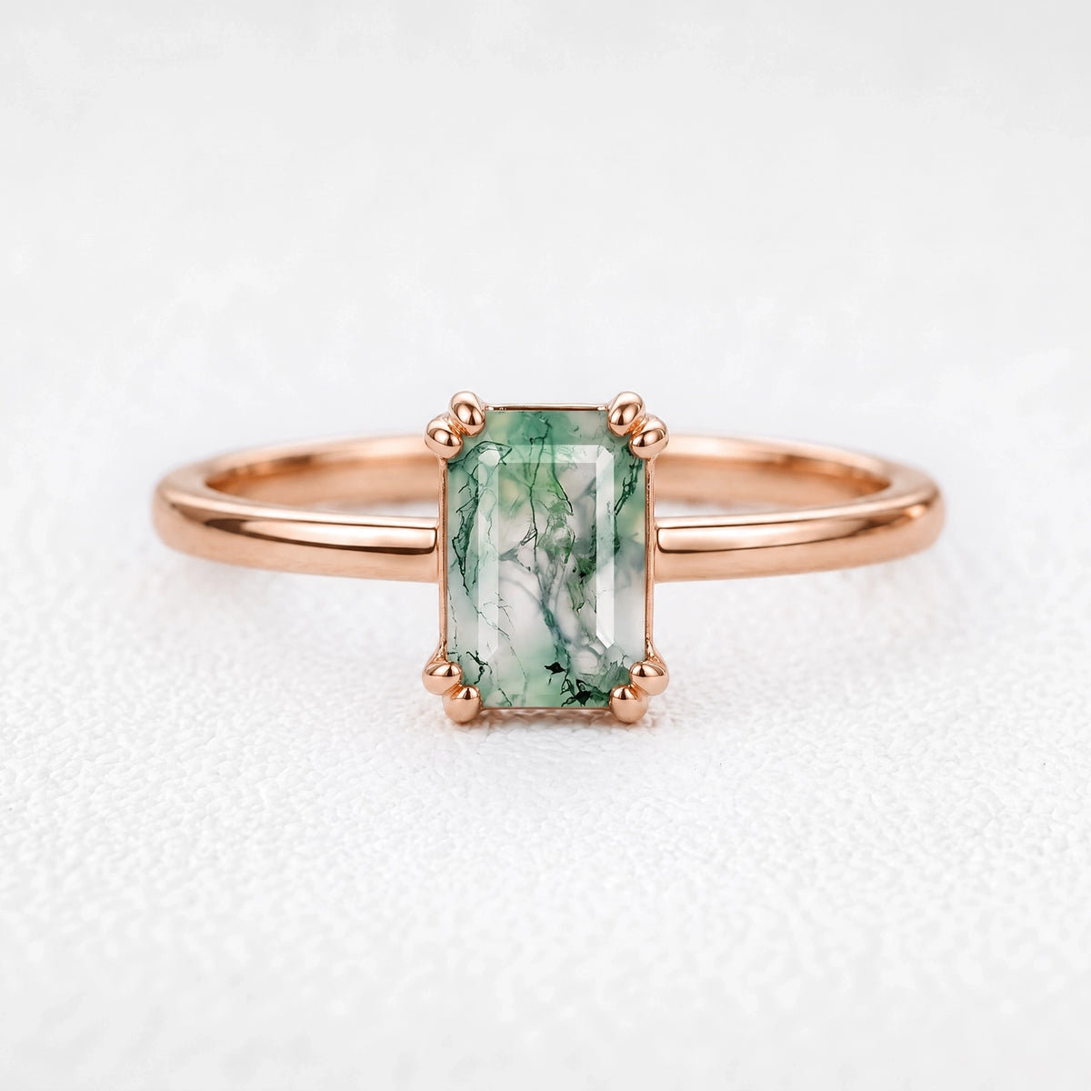 Cordelia’s Pavilion | Emerald Cut Moss Agate Solitaire Engagement Ring