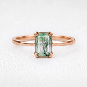 Cordelia’s Pavilion | Emerald Cut Moss Agate Solitaire Engagement Ring