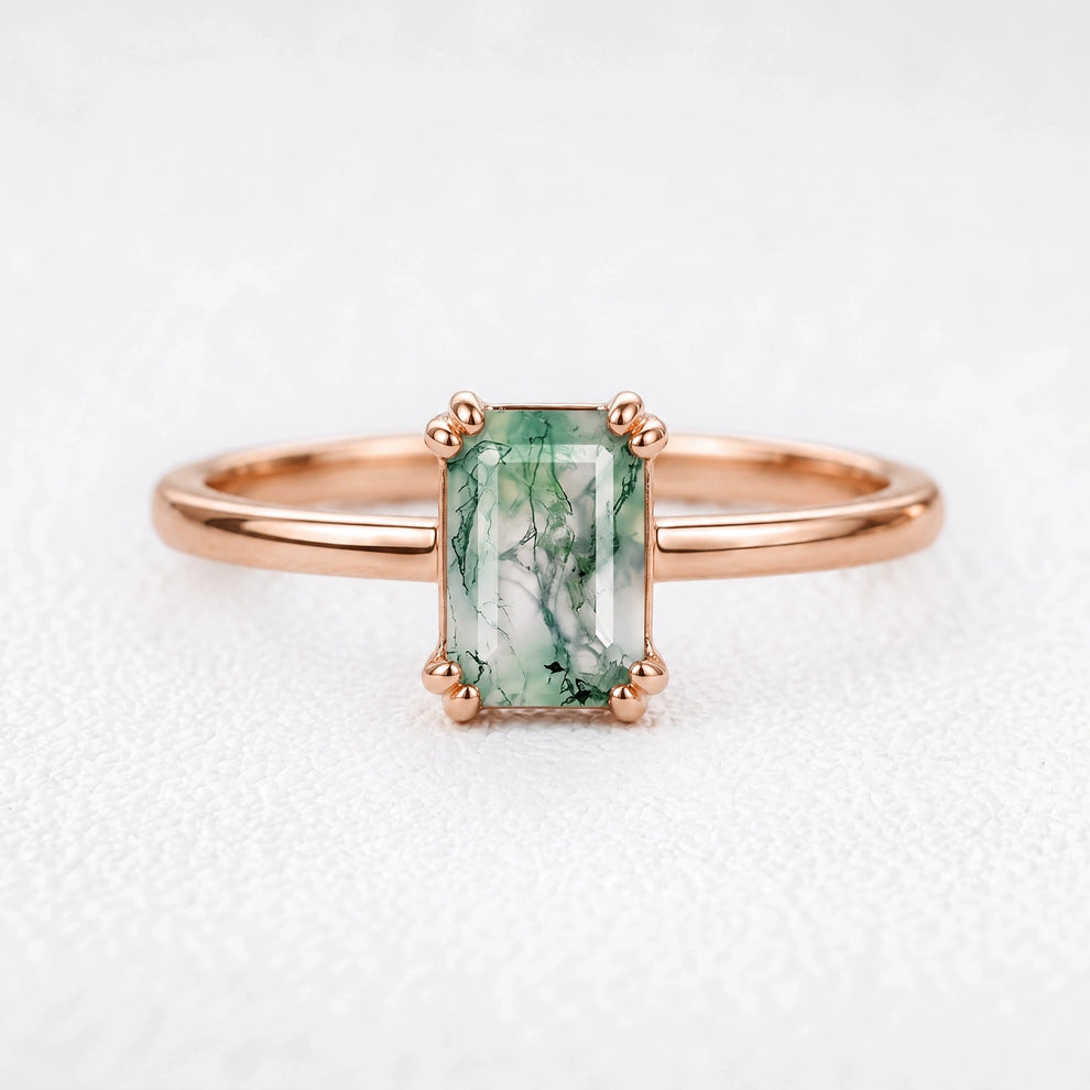 Cordelia’s Pavilion | Emerald Cut Moss Agate Solitaire Engagement Ring