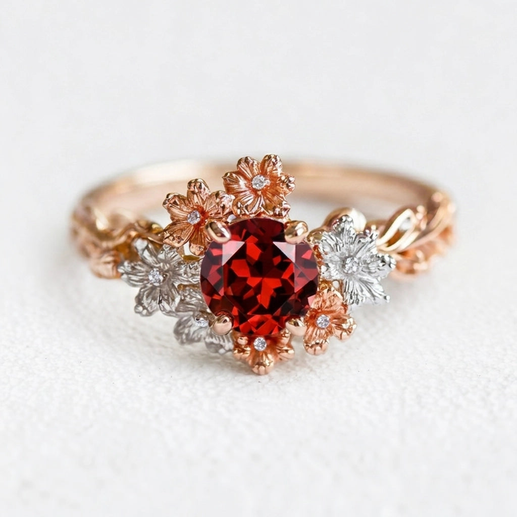 Isadora’s Crimson | Round Garnet Solitaire Petal Engagement Ring