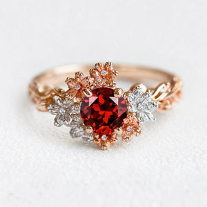 Isadora’s Crimson | Round Garnet Solitaire Petal Engagement Ring