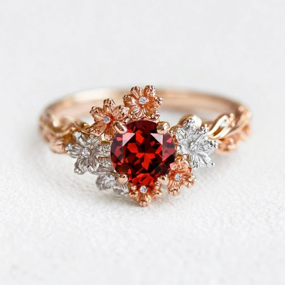 Isadora’s Crimson | Round Garnet Solitaire Petal Engagement Ring