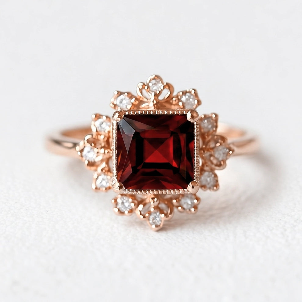 Vivienne’s Ardour | Square Red Garnet Leafy Engagement Ring.