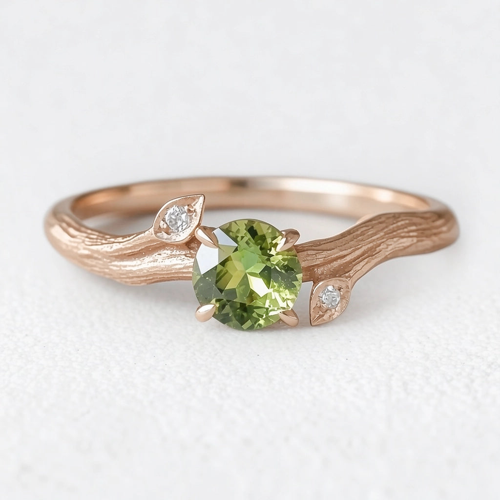 Ivy’s Verdant | Round Peridot Vine Engagement Ring.