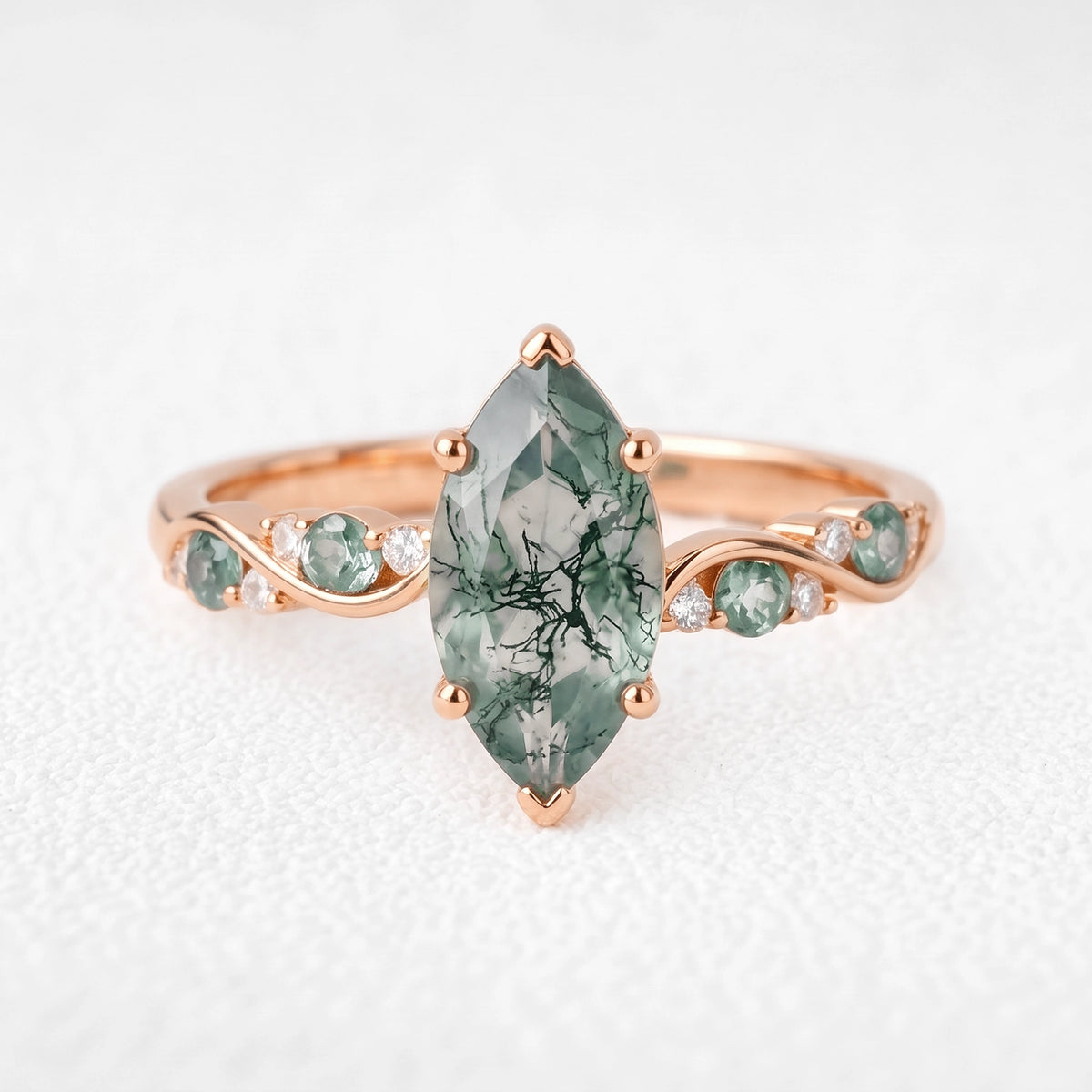 Flora’s Sprig | Marquise Cut Moss Agate Botanical Engagement Ring