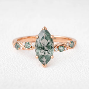 Flora’s Sprig | Marquise Cut Moss Agate Botanical Engagement Ring