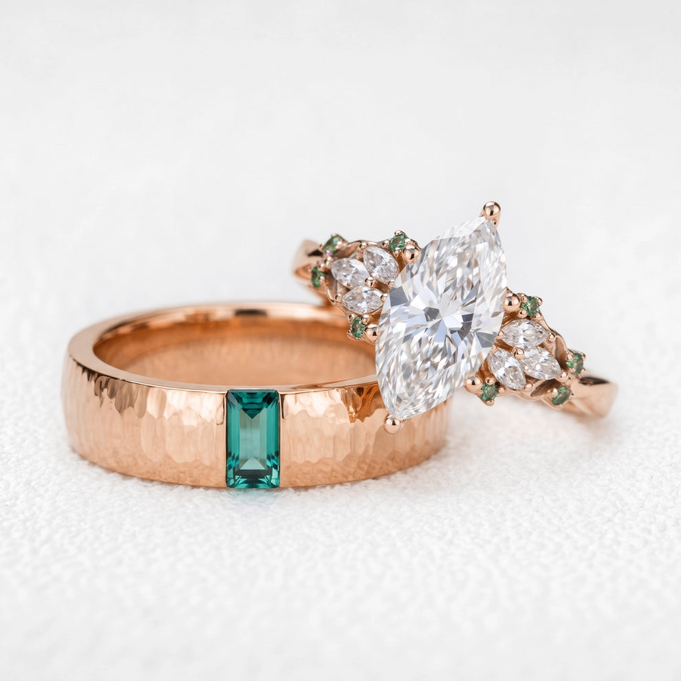 Eleonora’s Keystone | Vintage 2CT Marquise Diamond & Hammered Emerald Couple Set