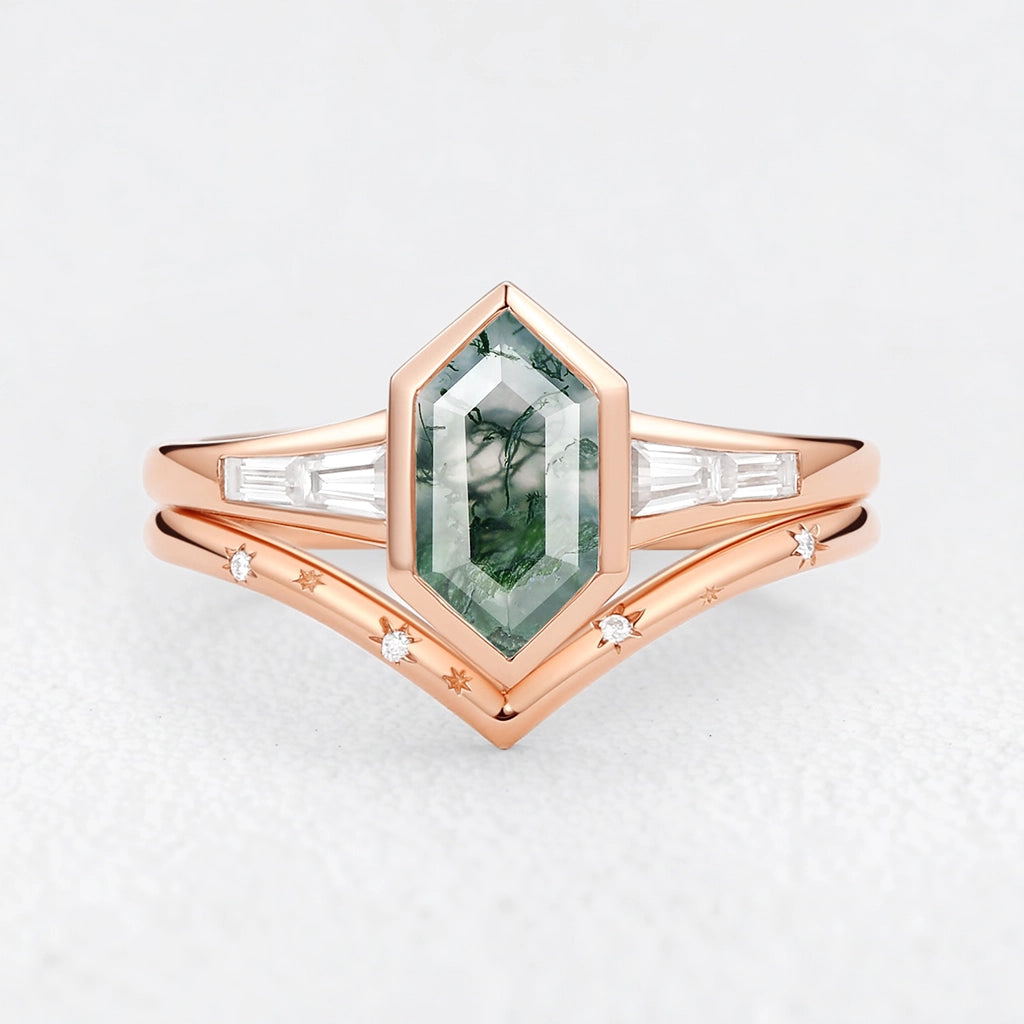 Long Hexagon Moss Agate Minimalist Bridal Ring Set 2pcs.