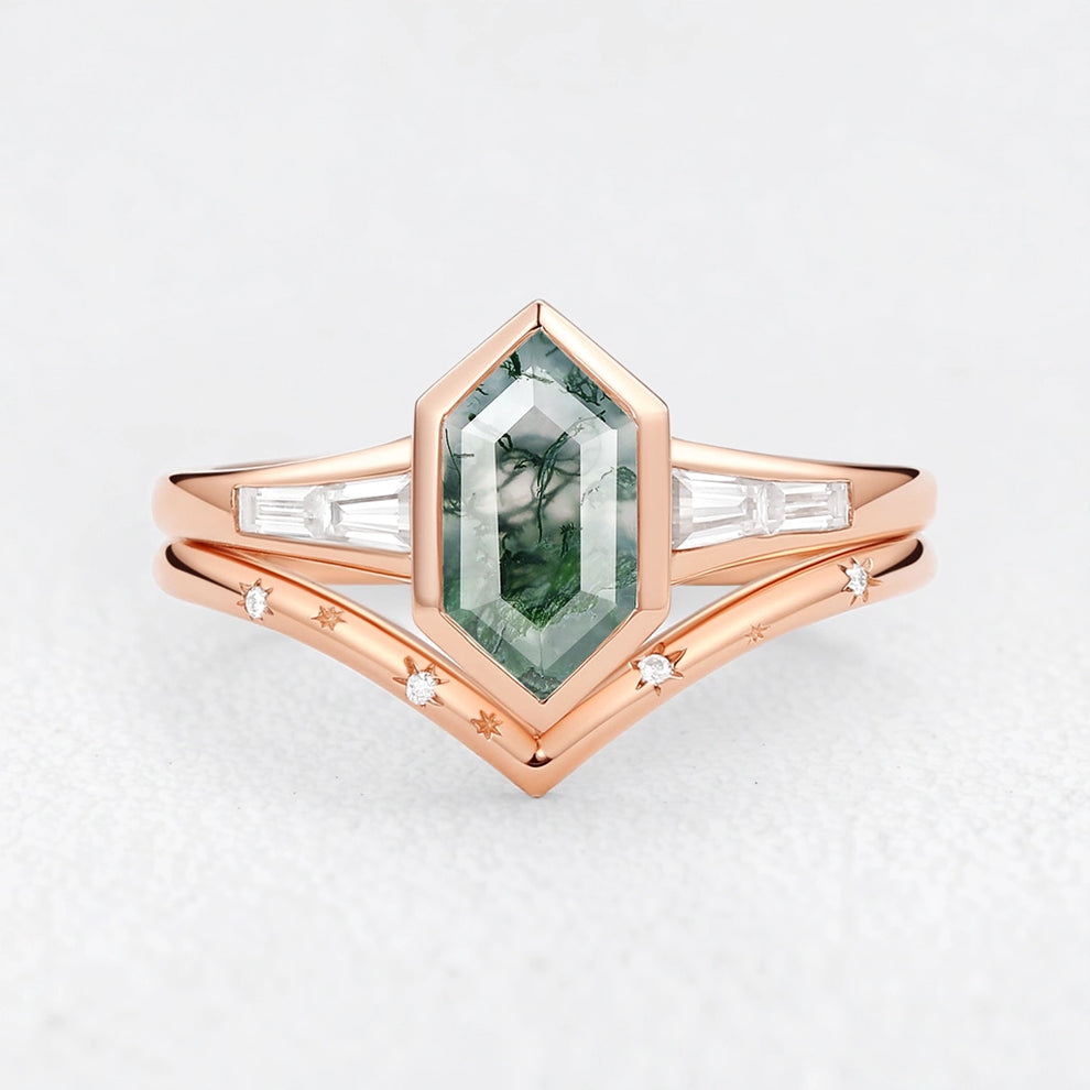 Long Hexagon Moss Agate Minimalist Bridal Ring Set 2pcs.